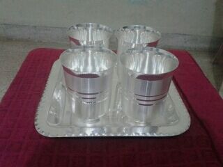 Silver Plated Tray With Four Glass