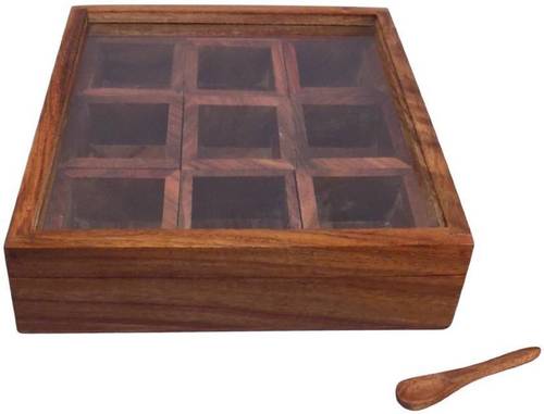 Spice And Dry Fruits Container - Wooden 9 Box Masala Holder | Polished Finish, Ideal For Arts And Crafts & Home Decoration