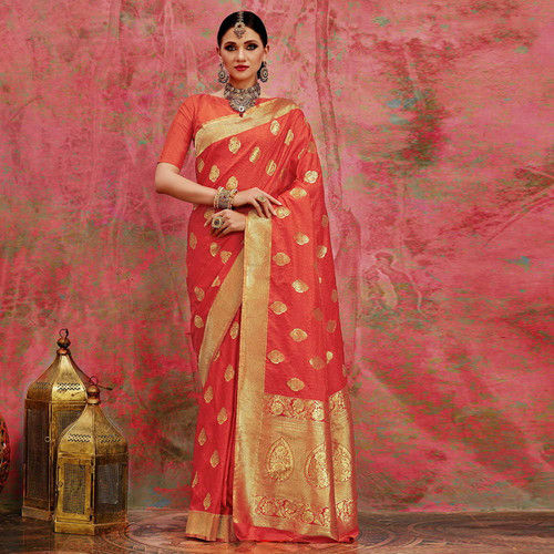 Silk Orange Jacquard Banarasi Saree