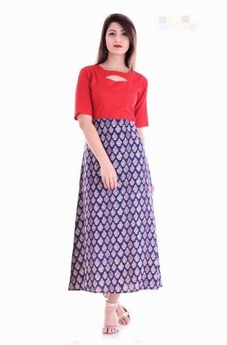 Quick Dry Red And Blue Printed Ladies Long Kurtis With Long Half Sleeves