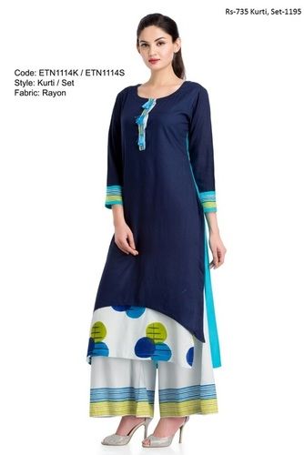 Blue Rayon Fabric Plazo Kurtis With Hand Block