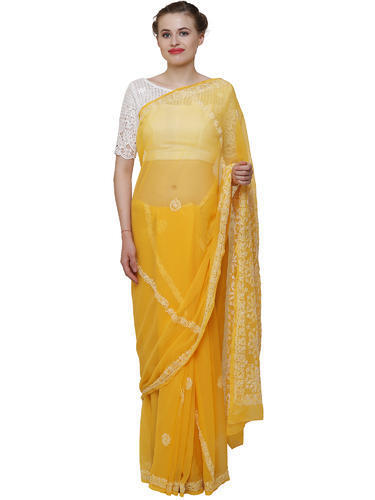 Yellow Chikankari Saree For Ladies