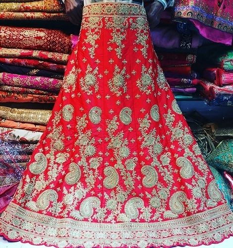 Pure Silk Bridal Lehenga In Red With Embroidery & Crystal Stone Work
