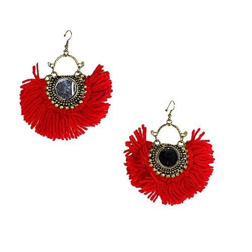 Silver Oxidized Red Boho Gypsy Collection Tribal Jaipur Jewels Designer Fusion Moonshape Chandbali Thread Afghani Beautiful Jhumki Earring Drop Earrings Cuff Links