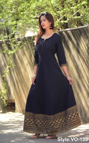 Black Cotton Long Dress With Printed Borders