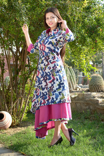 Multicoloured Malmal Cotton High Low Doubled Layer Dress