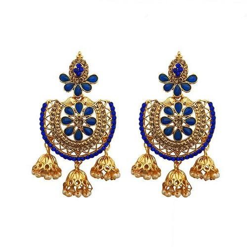 Gold Plated Half Moon Drop Earring (Blue) Gender: Women