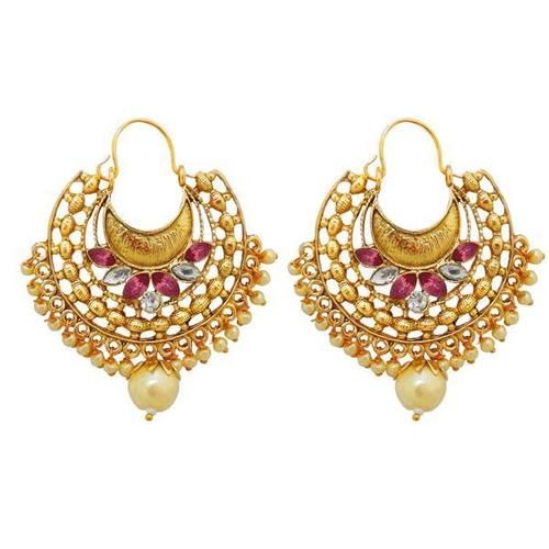 Traditional Gold Plated Floral Hoop Earrings (Pink)