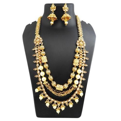 Gold Ad Kundan White Stone 3 Layer Copper Necklace Set