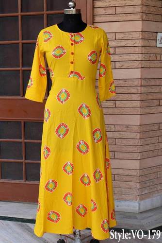 Yellow Straight Rayon Printed Long Dress Length: 50 Inch (In)