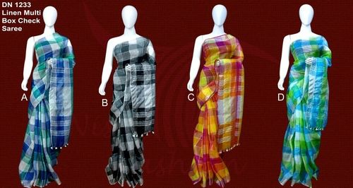 Multi Box Check Print Linen Saree