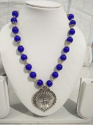 Blue Glass Beads And Silver Color Oxidized Necklace