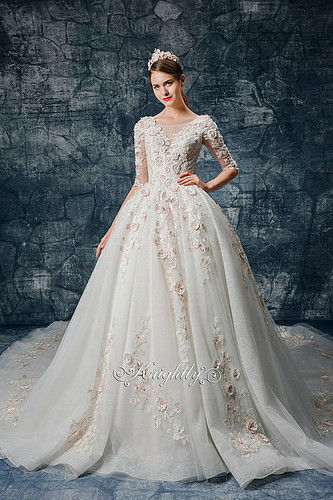 3D Pink Floral Applique Lace Long Sleeves Bridal Gown