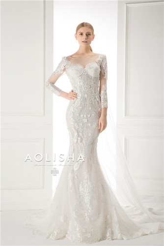 Long Sleeves V-Neckline Lace Applique with Beads Sheath A-Line Gown By Knightly Formal Clothes International (HK) Co. Ltd