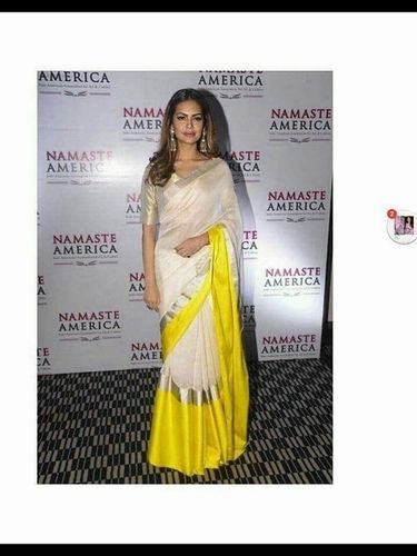 Yellow And Cream White Mix Print Linen Saree