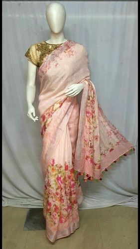 Printed Linen Zari Border Saree