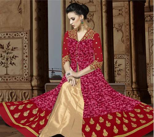 Red Soft Net Abaya Style Anarkali Lehenga Suit Decoration Material: Stones