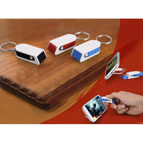 White Concealed Mobile Stand And Screen Cleaner Keychain