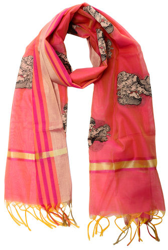 Fabric and Lace Thread Work Radha Krishna Design Chanderi Silk Kasab Border With Tassels Dupatta