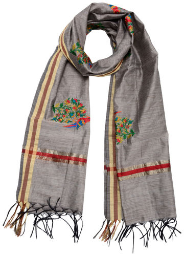 Thread Work Birds And Floral Design Chanderi Silk Kasab Border Stole With Tassels