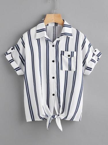 Striped Knotted Hem Cuffed Shirt With Chest Pocket