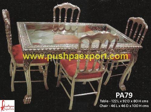Silver Metal Carving Dining Table Set