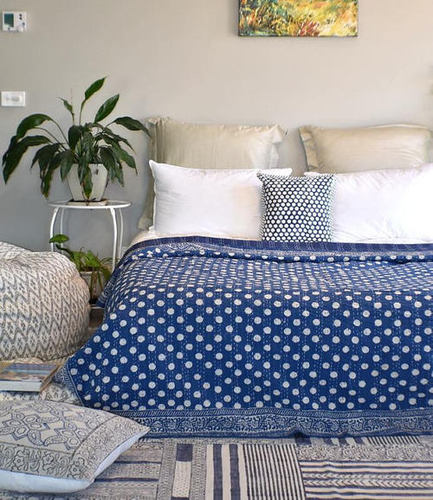 Indigo Blue Polka Dot Kantha Bed Cover