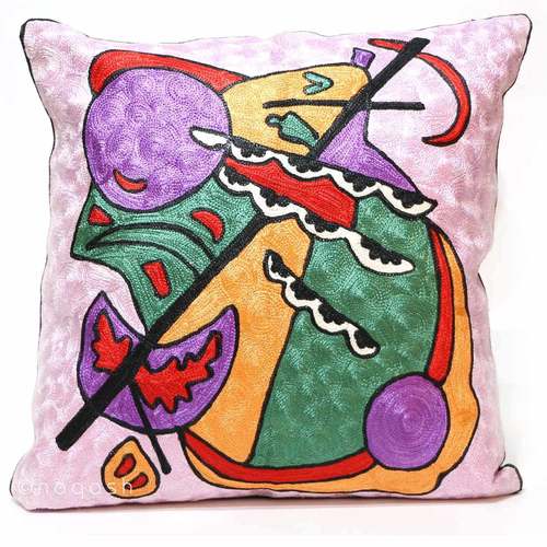 Pink Hand Embroidered Vintage Crewel Chain Stitch Silk Cushion Cover