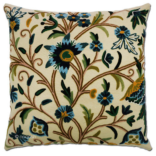 Kashmir Floral Vintage Hand Embroidered Wool On Cotton Crewel Cushion Cover