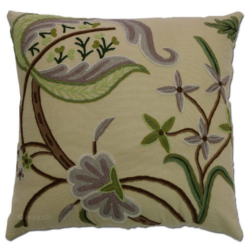 Kashmir Hand Embroidered Beige Home Decor Cotton Crewel Cushion Cover