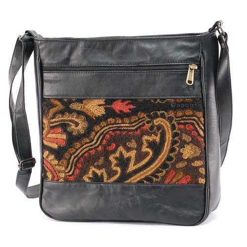 Black Kashmir Vintage Pure Leather Handmade Wool Embroidered Crewel Handbag