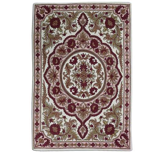 Modern Hand Embroidered Floral Woolen Crewel Chain Stitch Rug