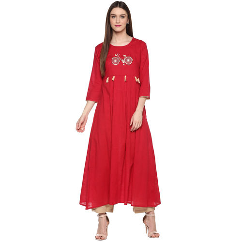 Red Handloom Palace Plain Solid Kurti For Women