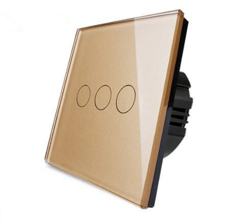 3 Gang Golden Toughened Glass Panel Capacitive Touch Switch For Smart Lighting Touch Control