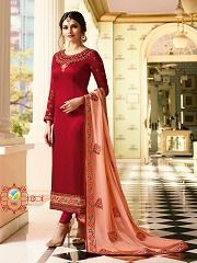 Glorious Prachi Desai Floral Work Red Color Pakistani Straight Salwar Kameez