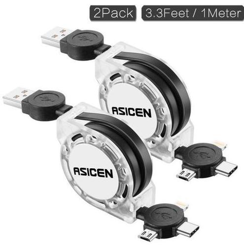 Micro USB Cable, ASICEN 2 Pack 3-in-1 Retractable Lightning to USB Cable Type C Sync Fast Charging Cord (For iPhone, iPad Mini/Pro/Air, Samsung, Moto)