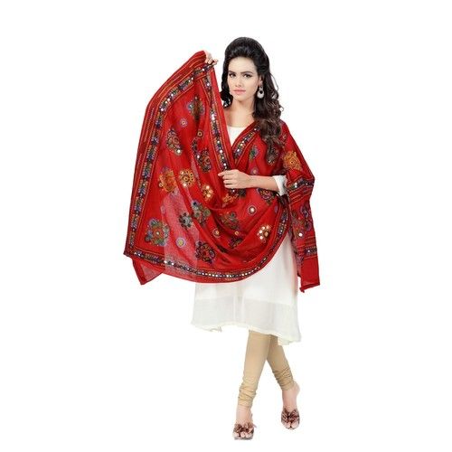 Indian Chakachak (Red)-Banjara Kutchi Printed Cotton Dupatta Red