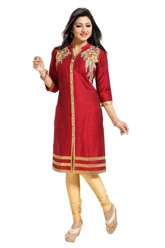 Fashonet Real Luscious Raw Silk Semi Formal Tunic Kurti With Gold Embroidery Bust Size: S(38)