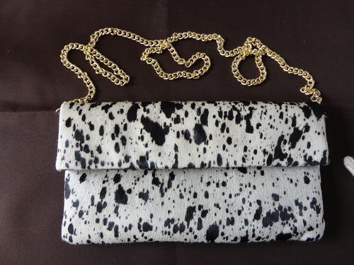 Renesa Hair On Leather Handbag - Black White Hair On Leather, Golden Chain | Two Compartments, Mobile Case, Leather Card Holders