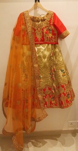 Fully Embroidered Red And Golden Lehanga With Orange Contrast Dupatta