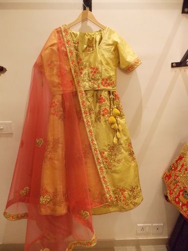 Fully Embroidered Yellow And Pink Lehanga On Rent 