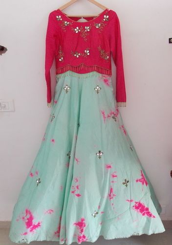 Pink And Aqua Green Gown On Rent