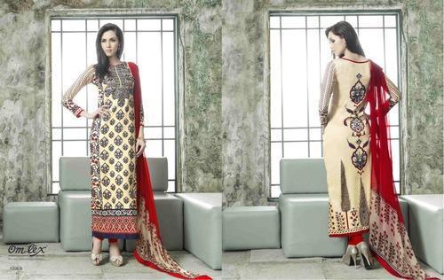 Cream And Red Ladies Cotton Punjabi Suits