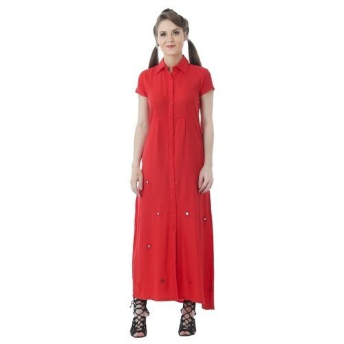 Glass Women Semi Formal Rayon Red Long Dress With Mirror Work