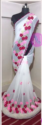 Designer White Ribbon Work Saree