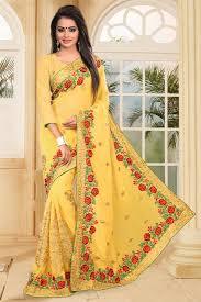 Custom Yellow Color Designer Embroidered Saree