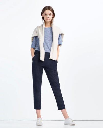 Buy COTTONWORLD Blue Stripes Regular Fit Cotton Linen Blend Womens Semi  Formal Pants | Shoppers Stop
