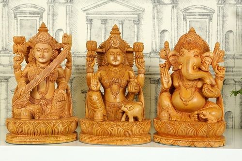 Wooden Carved Statue Of Laxmi Ganesh And Saraswati Height: 29  Centimeter (Cm)