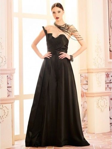 Black Pleated Jumpsuit Style Cocktail Gown Size: Large