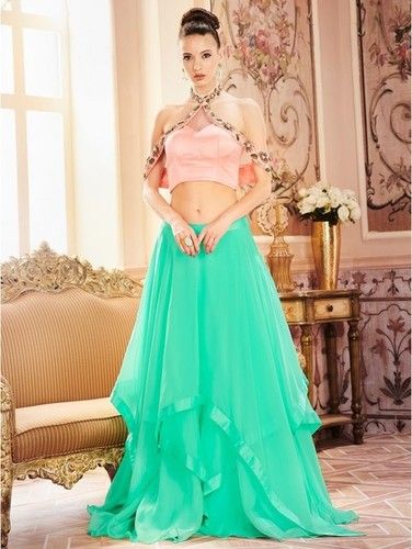 Peach Halter Neck Crop Top & Cyan Skirt Size: Medium